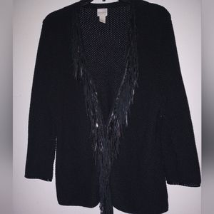 Chicos Faux Leather Fringe Open Front Waffle Knit Cardigan 2 M/L